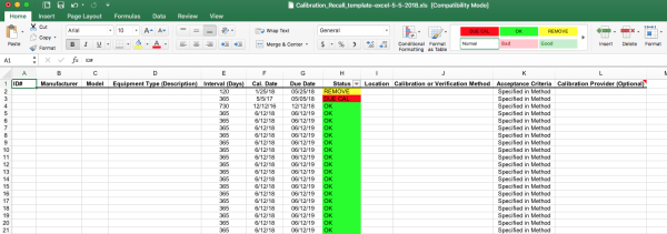 Calibration Recall template screenshot