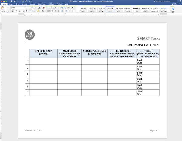 "SMART Tasks" template in Word (10/21)