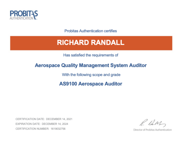 Probitas Authentication "AS9100 Aerospace Auditor" certificate
